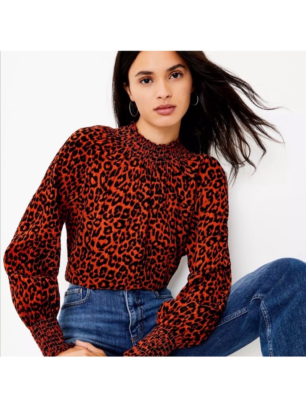LOFT Leopard Print Blouse Medium NWT Smocked Sleeve Fall Top